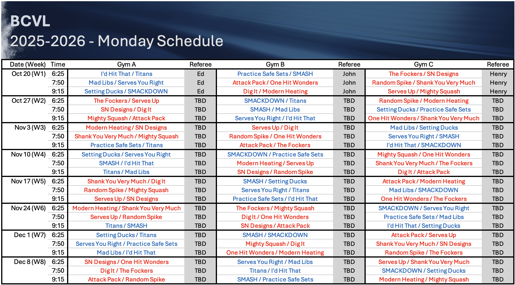 Monday Night Schedule