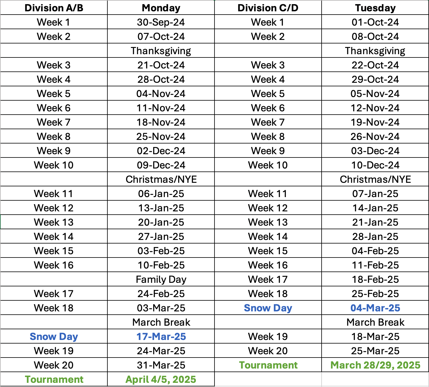 Full Schedule