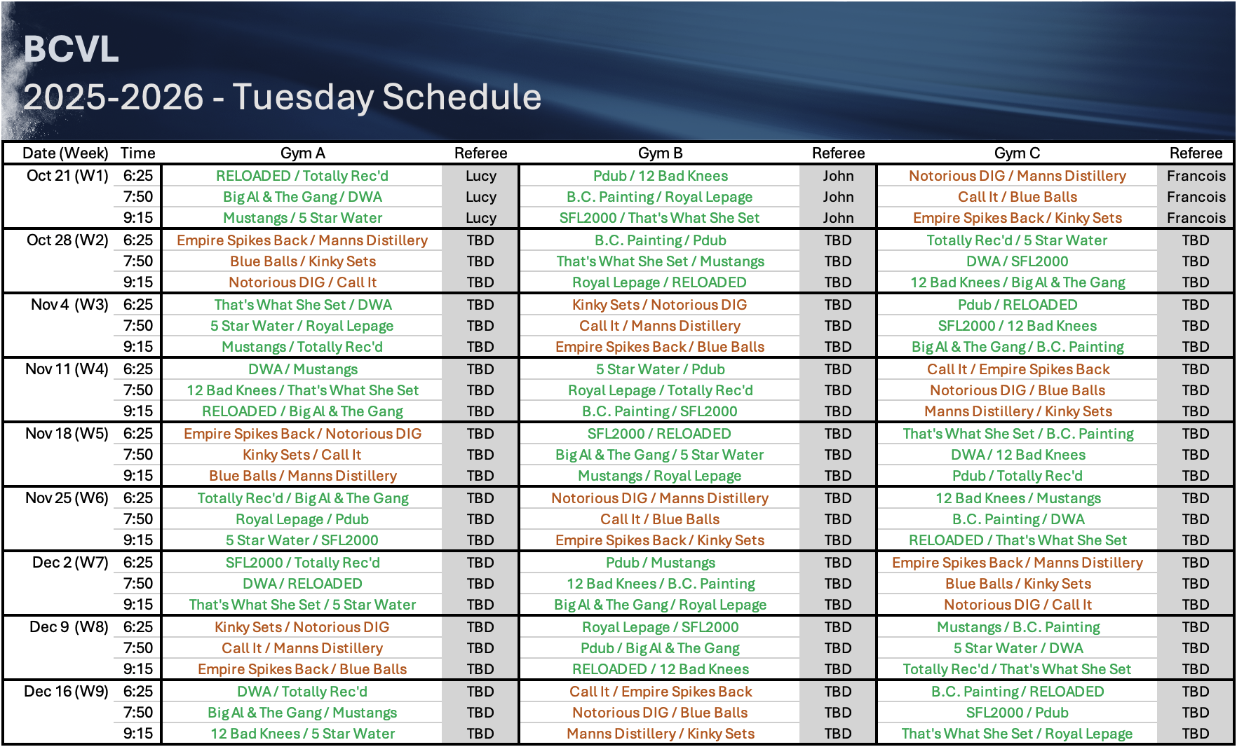 Tuesday Night Schedule