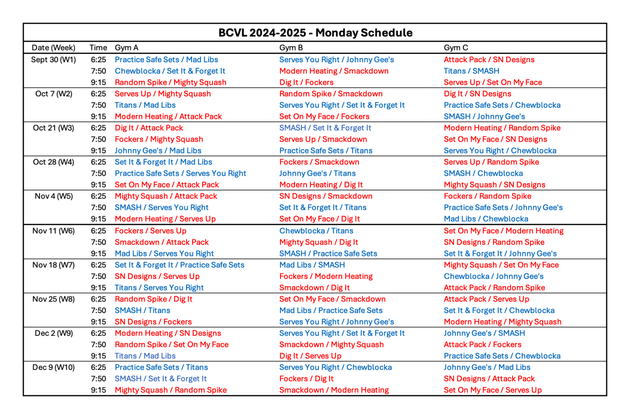 Monday Night Schedule