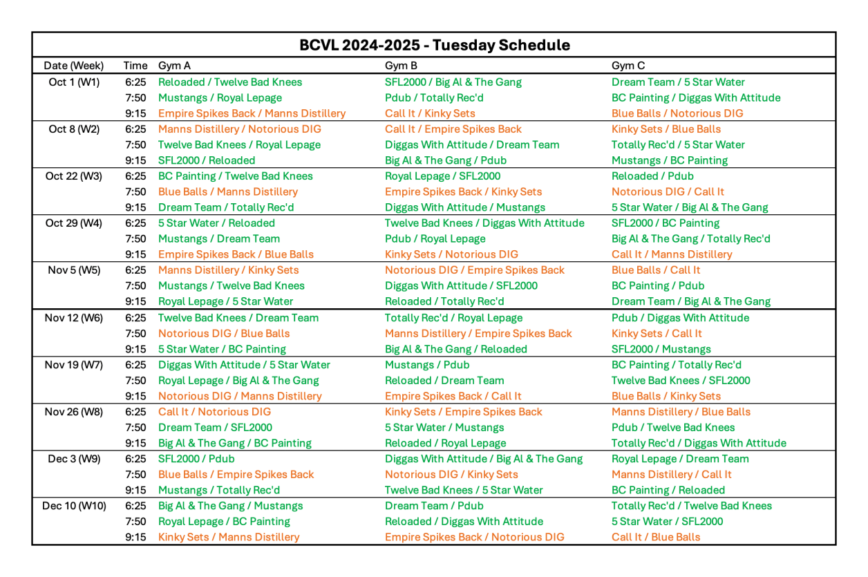 Tuesday Night Schedule