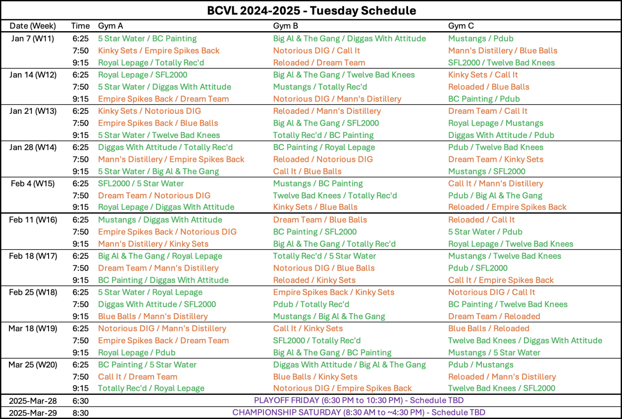 Tuesday Night Schedule